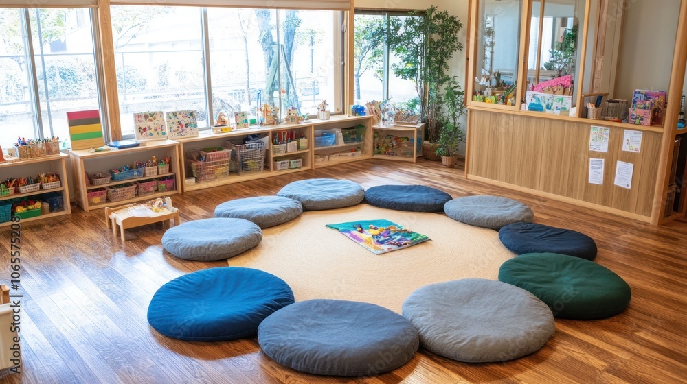 Poster a spacious and bright classroom with a circle of colorful cushions on the floor, a small table with 