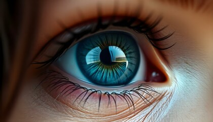 Naklejka premium Detailed close-up of female human eye highlighting vivid blue iris patterns and sharp focus