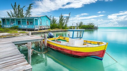 A colorful fishing boat is docked at a wooden pier near a turquoise blue sea.