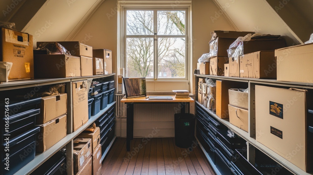 Poster A cluttered attic room with boxes and a desk in front of a window.