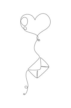 recommend clip art: Heart with letter continuous one line art drawing, Balloon heart-shaped tied with an envelope, Love, Careful, Miss you and concern concept, vector Illustration isolated on white background, Editable 