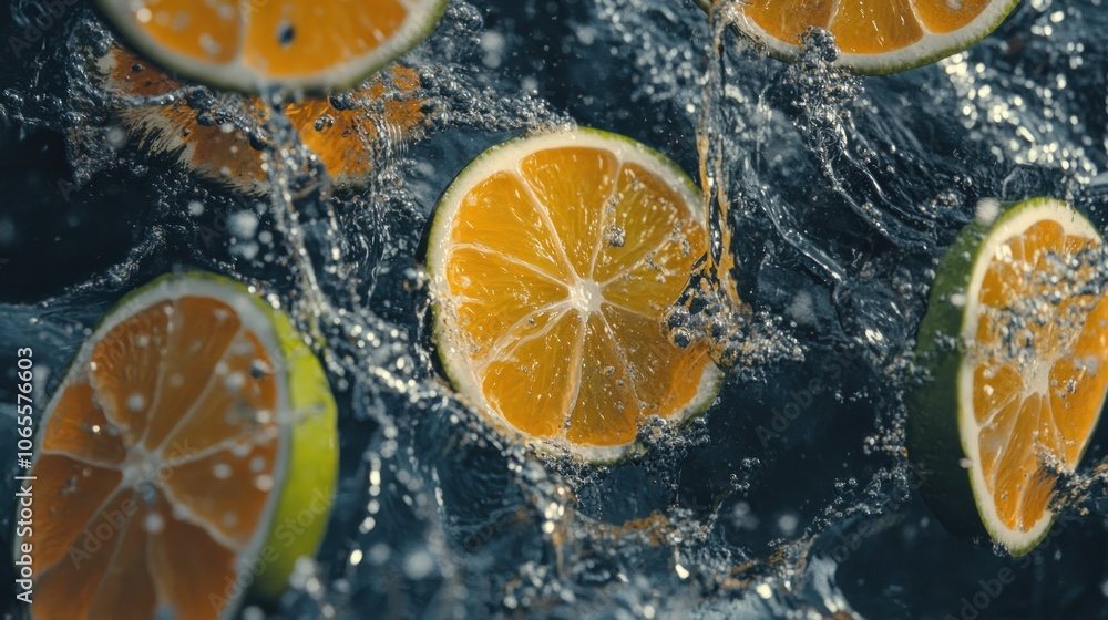Poster slices of citrus fruit splashing in water, creating a refreshing visual effect.
