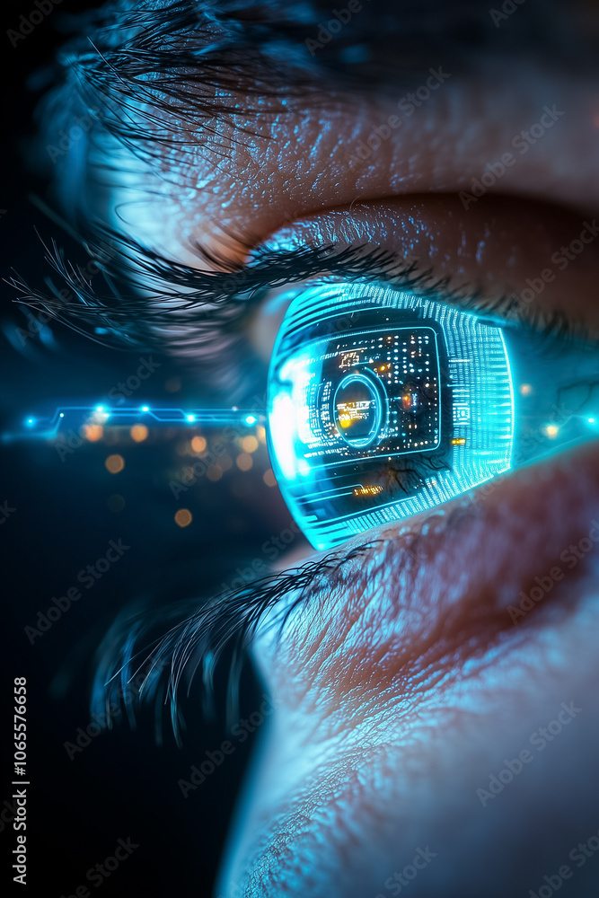 Poster a close-up view of an eye reflecting vibrant digital patterns and data, emphasizing technology and i