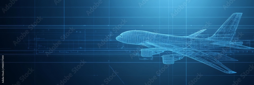 Poster abstract 3d illustration of an airplane wireframe model flying over an airport runway, representing 