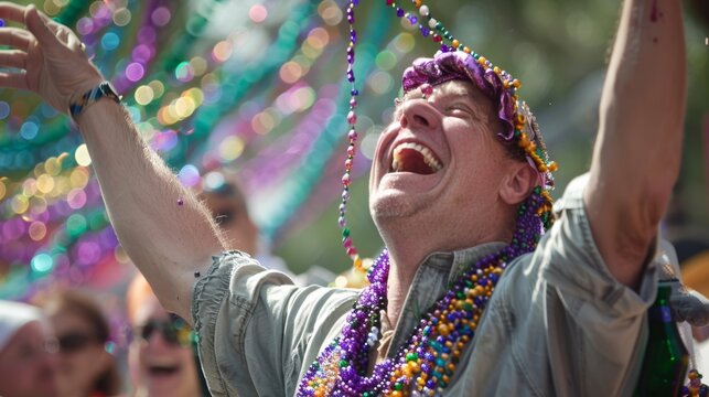 A joyful celebration with a man wearing Mardi Gras beads, showcasing excitement and happiness at a festive event.