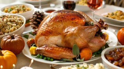 Fototapeta premium A beautifully roasted turkey served on a festive table with side dishes, pumpkins, and garnishes for a holiday feast.