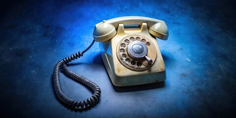 A vintage rotary phone with a coiled cord rests on a dark blue surface, the aged phone evokes a sense of nostalgia and a bygone era of communication.