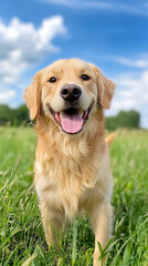 Golden retriever joyfully plays fetch in a sunny field
