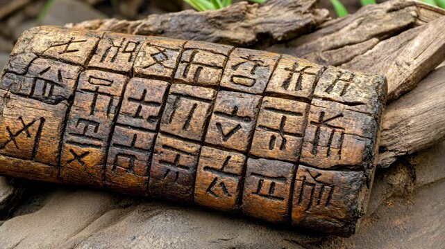 A close-up image of an ancient wooden tablet with carved markings