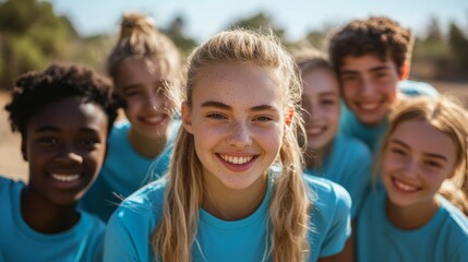 Fototapeta premium Joyful group of young friends smiling in a sunny outdoor setting