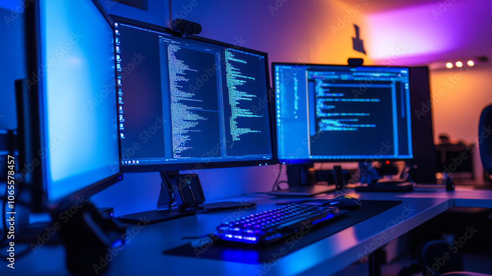 Poster two computer monitors displaying coding activities in a dimly lit workspace with blue lighting at ni