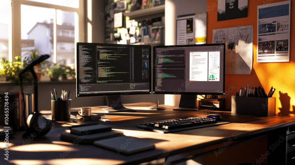 Poster two computer monitors displaying coding activities in a dimly lit workspace with blue lighting at ni