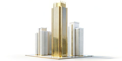 Golden Skyscraper Model on a White Background - 3D Rendered Illustration of Modern Architecture and Cityscape Concept
