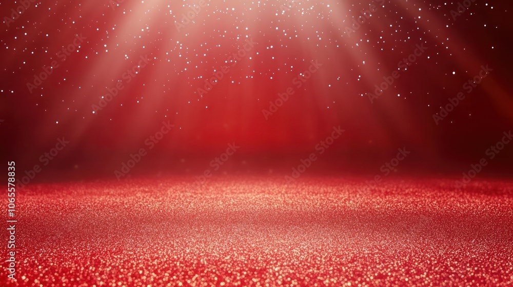 Poster a shimmering red background with light rays and sparkling elements, ideal for festive themes.