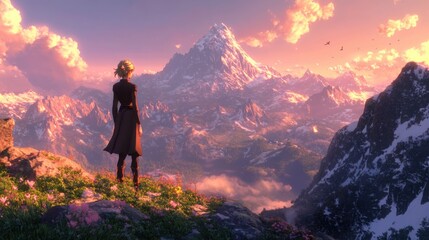 Fototapeta premium She stood in awe of the majestic peaks, realizing her small place