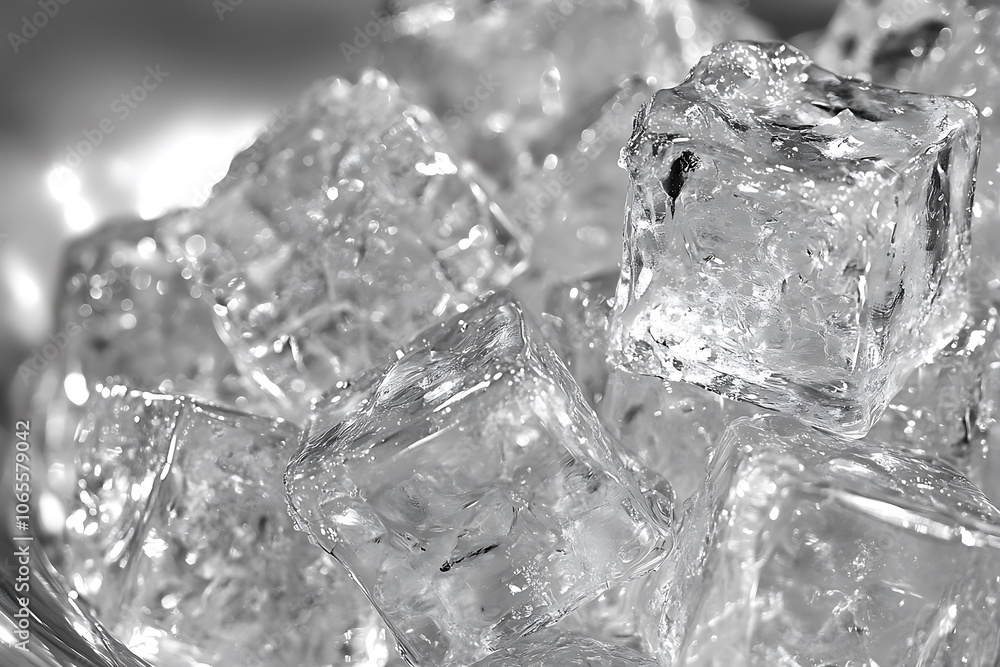Poster Clear ice cubes in bowl create refreshing and cool visual. close up captures intricate details and textures of ice, perfect for beverage or cooling concepts