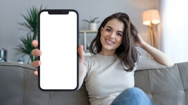 Smiling woman holding a smartphone with a blank screen, ideal for digital advertisement or mockup for mobile apps and services in a relaxed home setting