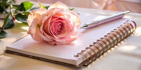 A delicate pink rose rests upon a lined notebook, a silver pen lying nearby, ready to capture thoughts and emotions