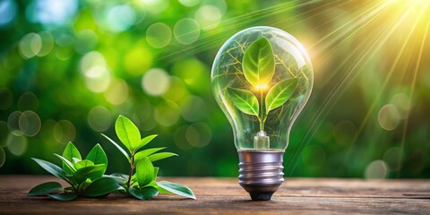 Green Energy A Light Bulb Filled with Growing Leaves on a Wooden Table with a Natural Green Background and Sunbeams