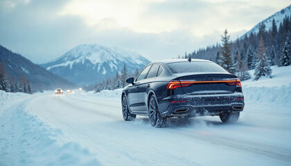 A modern car drives on a snowy highway, highlighting the importance of winter tires for safe travel.