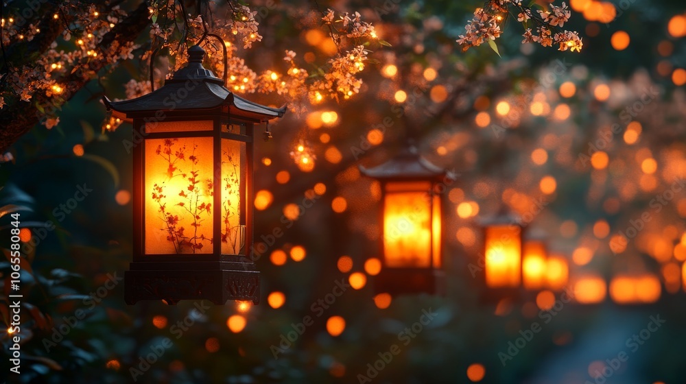 Poster illuminated lantern hanging on a tree branch with bokeh lights