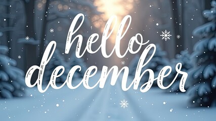 White letters Hello December on snowy winter forest background