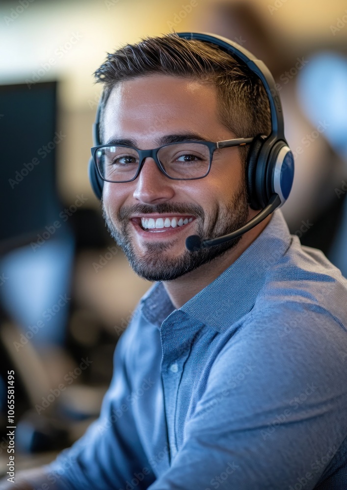 Aufkleber a smiling man in a headset at a computer, representing customer service or support.