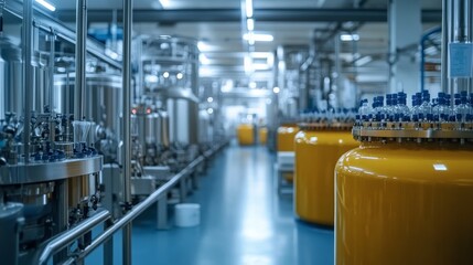 Obraz premium Industrial Bottling Machine with Yellow Cylinders and Glass Bottles