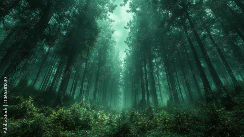 Aufkleber a mystical forest scene depicting dense trees and vibrant greenery under a misty atmosphere with sof