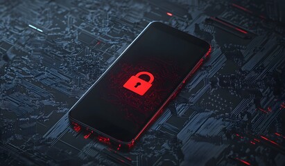 A smartphone with an illuminated red lock icon on the screen, surrounded by glowing circuit patterns symbolizing security and data protection. 