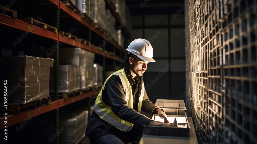 Poster warehouse worker checking inventory on computer