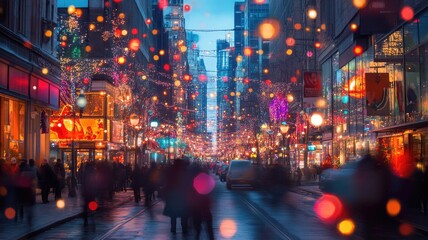 Obraz premium Bustling street at dusk with festive lights and decorations, blurred crowd, vibrant colors