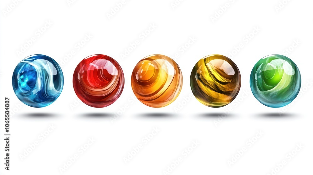 Poster Five Glossy Spheres with Swirling Color Patterns