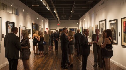 Art gallery showcasing diverse artwork with attendees engaged in conversation and appreciation.