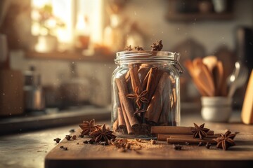 A spice jar filled with cinnamon sticks and star anise is backlit by morning sunlight on a kitchen table, establishing a warm, inviting culinary scene.