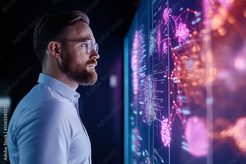 Poster a man observes intricate data patterns on a high-tech screen in a contemporary workspace