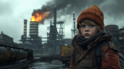 Obraz premium Close-up of a girl feeling the weight of climate anxiety, with dark, polluted skies and industrial scenes portraying the uncertainty of a warming world