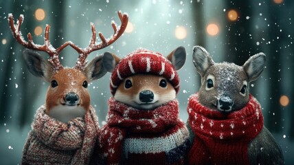 Three adorable anthropomorphic animals in cozy scarves snowy forest