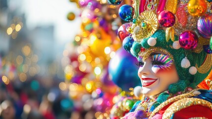 Vibrant, colorful carnival mask with elaborate decorations and sparkling glitter