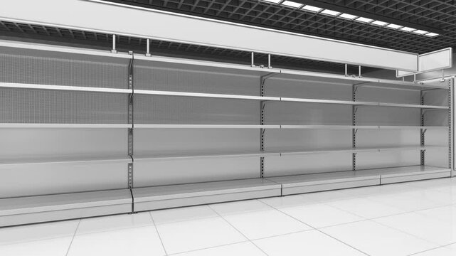 Sliding motion along empty supermarket shelves. 3d animation