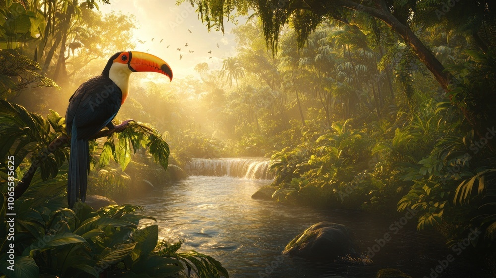 Poster a toucan perched on a branch in a tropical jungle with a waterfall and a river in the background.