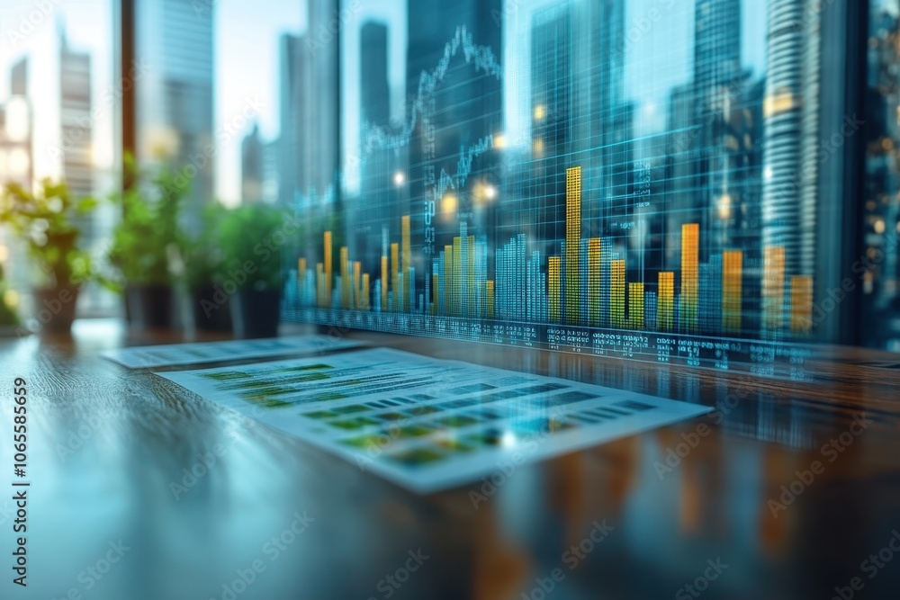 Poster business analytics dashboard with financial data displayed in a modern office setting