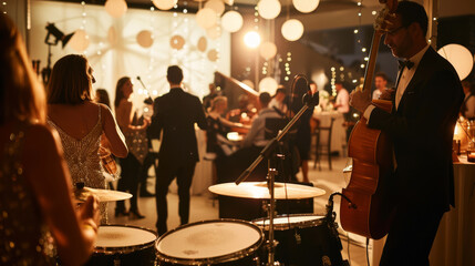 Naklejka premium A lively social gathering with music, dancing, and elegant decorations, capturing joyful moments of celebration and connection.