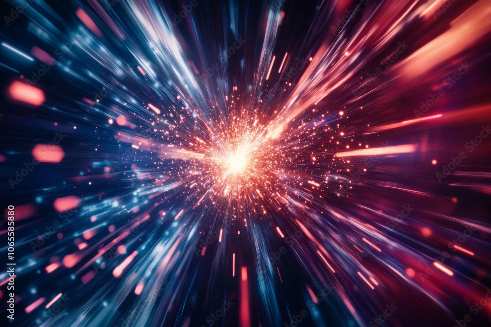 Poster a vibrant depiction of a cosmic burst with a frenzy of colorful rays and energetic particles radiati