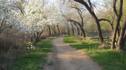 Fototapeta premium They enjoyed the fragrance of blossoms blooming along the trail in spring.