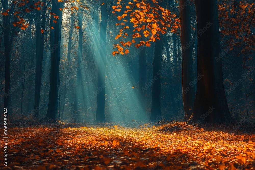 Poster rays of golden light stream through the tall trees of an autumn forest, illuminating fallen leaves a