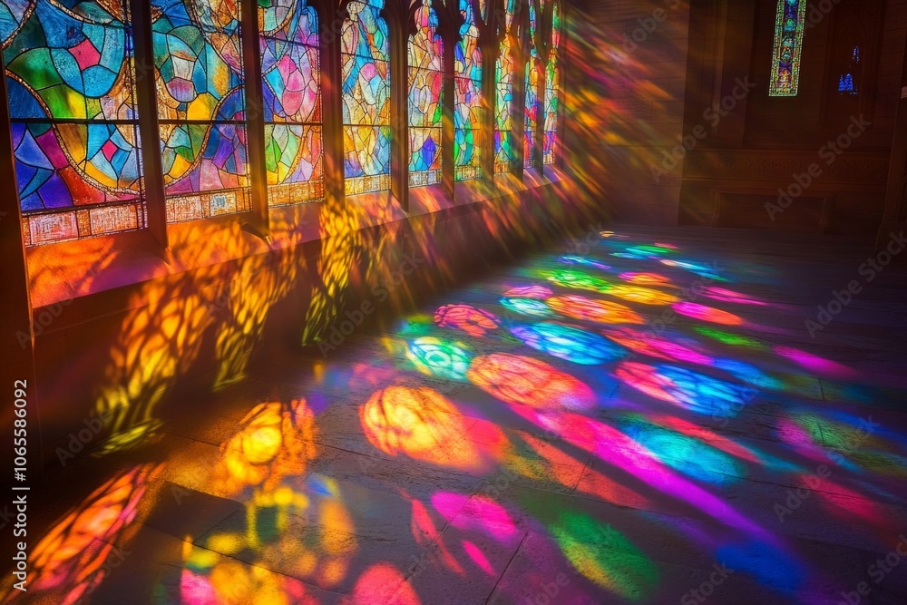 Leinwandbilder Multicolored stained glass windows project an array of captivating, vibrant light patterns across the stone floor, creating a mesmerizing visual experience.