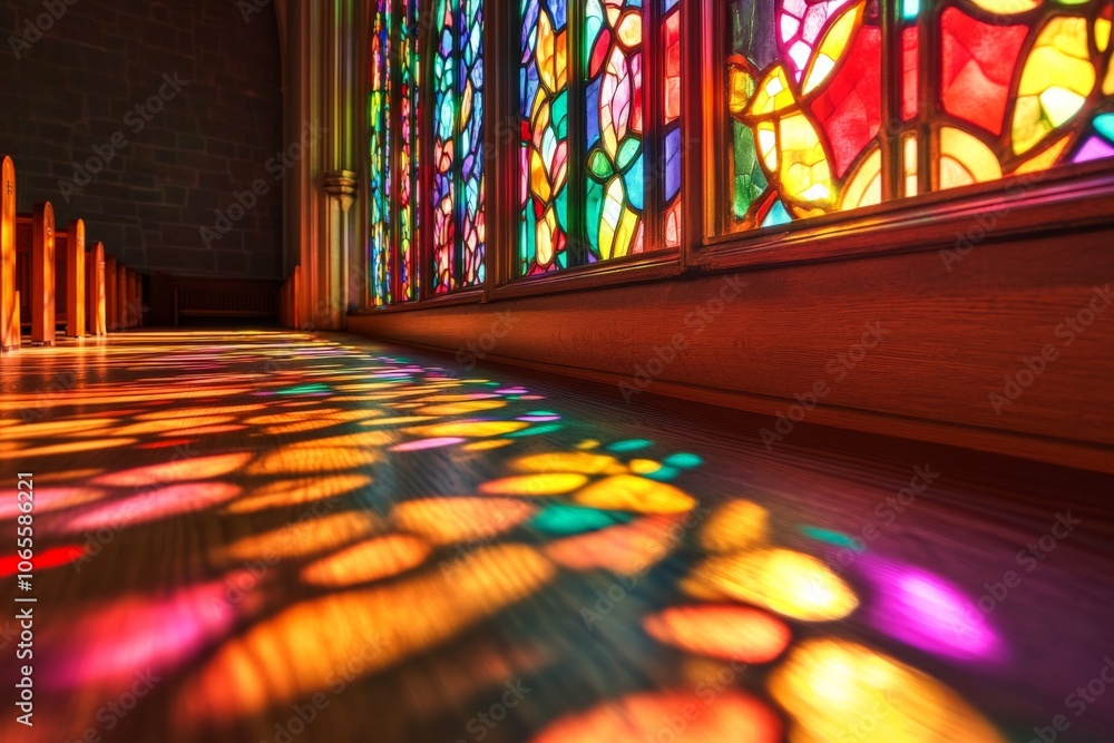Leinwandbilder the warm, vivid colors of stained glass windows cast abstract patterns of light on the church floor,
