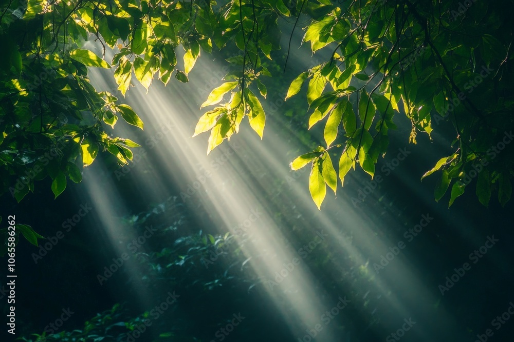Poster brilliant sunbeams filter through lush green leaves of a forest canopy, creating a peaceful and harm