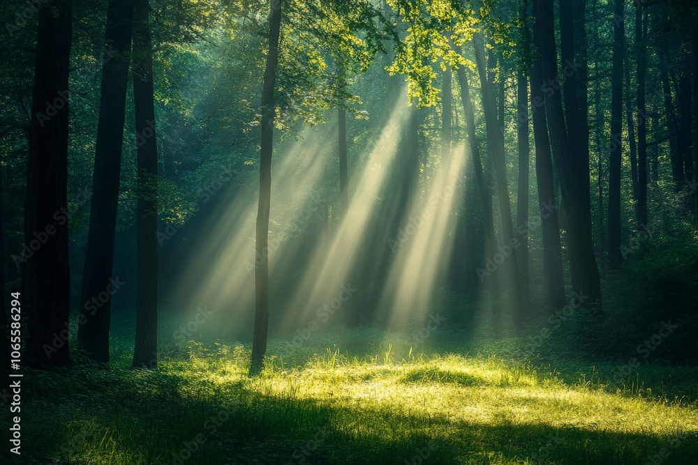 Poster a serene forest scene featuring tall trees and a sunlit glade where beams of sunlight gently illumin